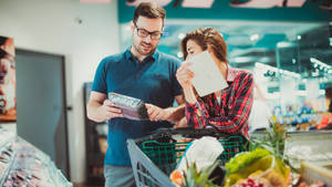 Grocery Items Woman Talking Wallpaper