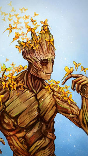 Groot With Butterflies Drawing Wallpaper