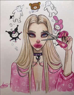 Grunge Cartoon Pink Girl Scissors Wallpaper
