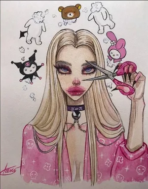 Grunge Cartoon Pink Girl Scissors Wallpaper