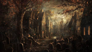 Halloween Graveyard Town Wallpaper