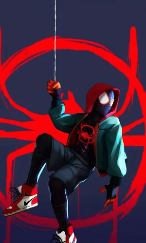 Hanging Spider Man Miles Morales Iphone Digital Illustration Wallpaper