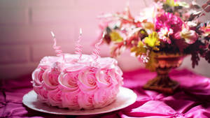 Happy Birthday Flower Cake With Bouquet Wallpaper