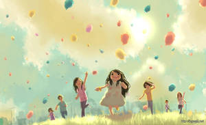 Happy Children With Balloons Cute Computer Wallpaper