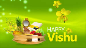 Happy Vishu Greeting With Fruits And Blooms Wallpaper