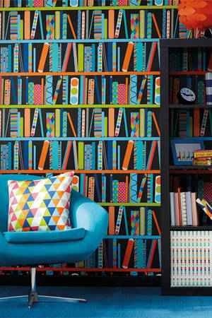 Harlequin Bookshelf Blue Chair Wallpaper