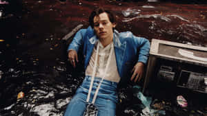 Harry Styles Enjoying His Time On His Laptop Wallpaper