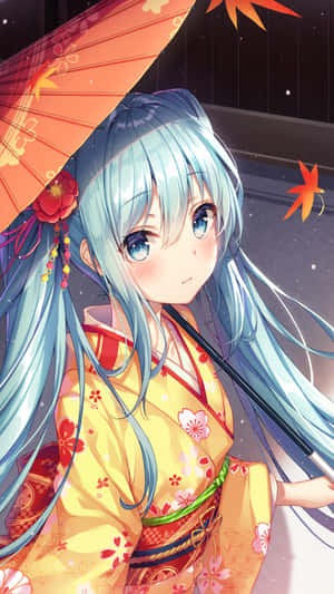 Hatsune Miku In Yellow Kimono Phone Wallpaper