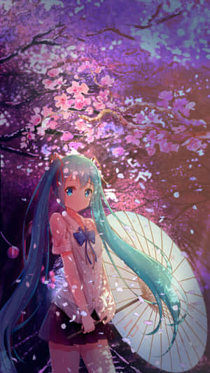 Hatsune Miku With Cherry Blossoms Phone Wallpaper