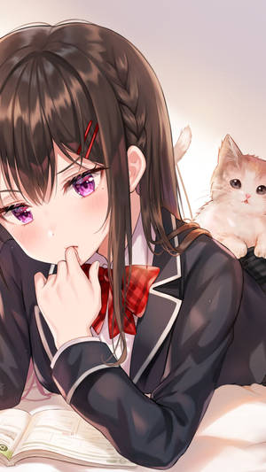 Hd Anime Phone Schoolgirl Laying Down With Cat Wallpaper