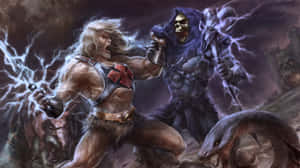He-man And Skeleton Fighting In The Dark Wallpaper