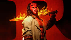 Hellboy_ Flaming_ Sword_ Pose Wallpaper