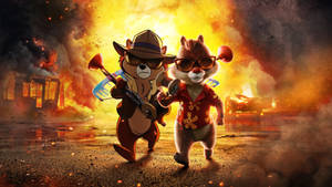 Heroes Assemble: Chip 'n' Dale Walking Out Of An Explosion Wallpaper