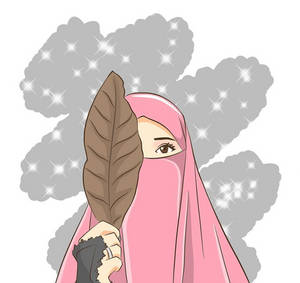 Hijab Cartoon Brown Leaf Wallpaper