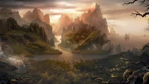 Hills Mountains Rivers Falls Painting Wallpaper