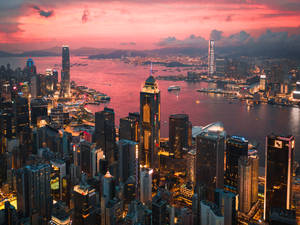 Hong Kong Victoria Harbour Pink Sky Wallpaper
