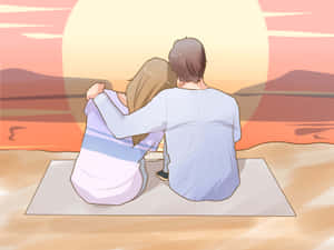 Husband And Wife Cartoon Watching Sunset Wallpaper