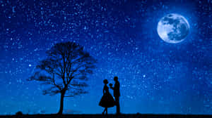 Husband And Wife Under Starry Sky With Moon Wallpaper