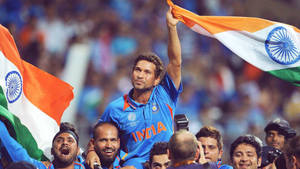 Indian Cricket Team With National Flag Wallpaper