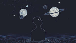 Indie Aesthetic Pc Man Looking At Planets Wallpaper