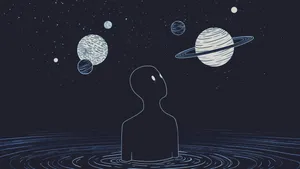 Indie Aesthetic Pc Man Looking At Planets Wallpaper