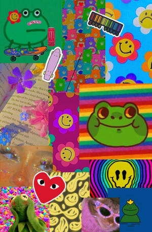 Indie Kid Aesthetic Collage Heart Frog Smiley Wallpaper