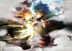 Intense Clash Between Deku And Bakugo Wallpaper