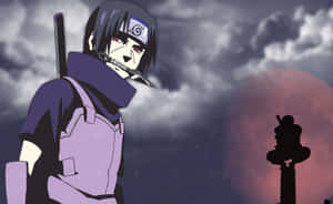 Itachi Aesthetic With Kunai In Mouth With Sharingan Eyes And Uchiha Headband Wallpaper