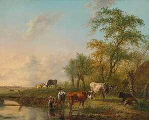 Jan Kobell Landscape With Cattle Painting Wallpaper