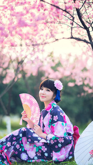 Japan Girl Floral Yukata Sakura Tree Wallpaper