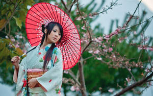 Japan Girl Red Umbrella And Yukata Wallpaper
