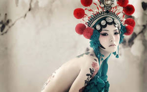 Japan Girl Tribal Headdress Floral Tattoo Wallpaper