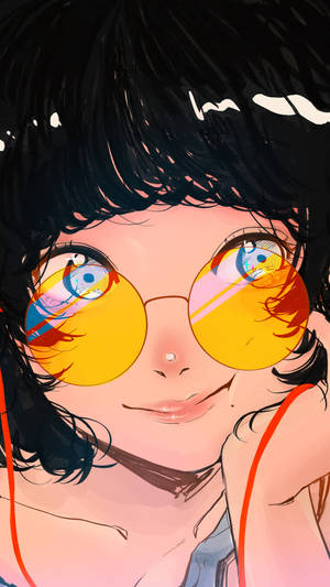 Japanese Aesthetic Iphone Girl With Yellow Sunglasses Wallpaper