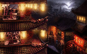 Japanese Anime Asian Fantasy Town Wallpaper