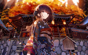 Japanese Anime Girl In Black Kimono Wallpaper