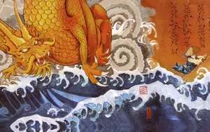 Japanese Dragon Art On Rough Ocean Wallpaper