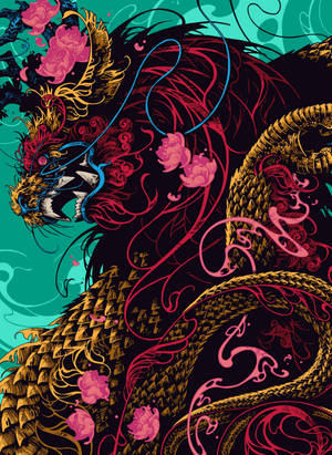 Japanese Dragon With Pink Roses Wallpaper