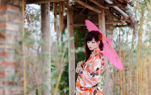 Japanese Girl With Bright Pink Parasol Wallpaper