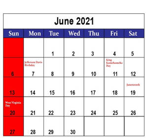 June 2021 Calendar With Red And Blue Dates Wallpaper