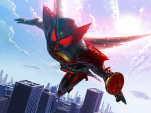Kamen Rider Flying Above Cityscape Wallpaper