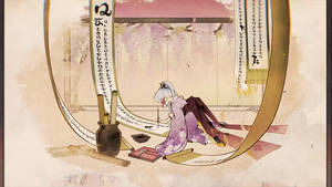 Kamisato Ayaka, A Focused And Disciplined Princess, Lost In Her Calligraphy Practice. Wallpaper