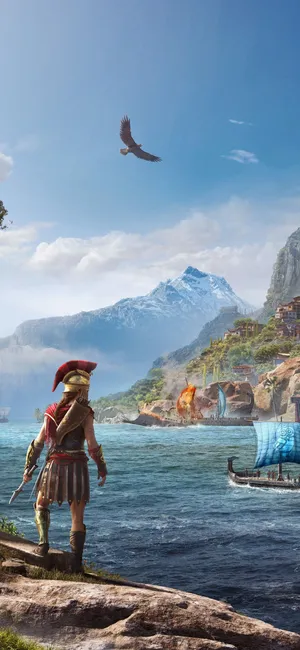 Kassandra Overlooking A Ship Odyssey Iphone Wallpaper