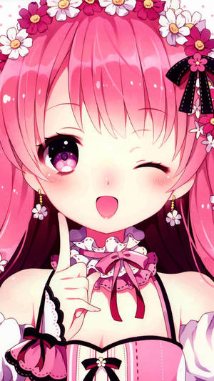 Kawaii Anime Girl In Pink With Flowers Wallpaper