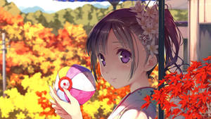Kawaii Anime Girl With Autumn Leaves Wallpaper