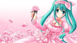 Kawaii Anime Hatsune Miku With Pink Dress And Roses Wallpaper