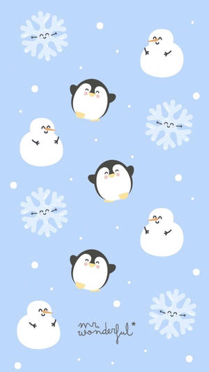Kawaii Christmas Snowman And Penguins Wallpaper