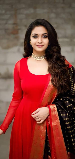 Keerthi Suresh Red Long-sleeved Dress Wallpaper