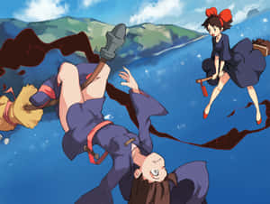 Kiki Flying On Her Broomstick With Jiji Over The City In Kiki's Delivery Service Wallpaper