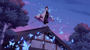 Kimetsu No Yaiba Hashira Shinobu Standing In Roof Wallpaper