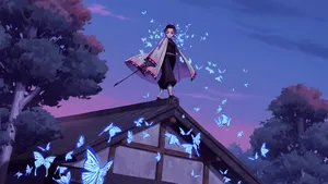 Kimetsu No Yaiba Hashira Shinobu Standing In Roof Wallpaper